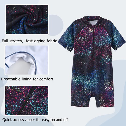Big Girls One Piece Rash Guard Swimsuits for Kids UPF 50+ Sun Protection Short Sleeve Swim Shirt Black Gradient Splash Size 16/14-16 Years