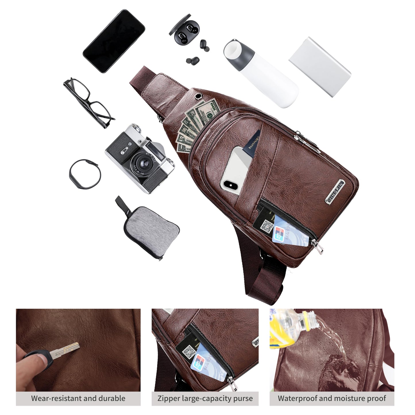 2 Pack Sling Bag Set, PU Leather Sling Bag with Classic Wallet, Multi-Zipper Design for Travel, Outdoors