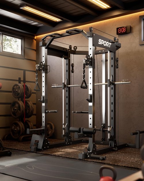 GarveeLife Smith Machine Home Gym, 2200LBS Squat Rack Power Cage, All in One Home Gym Workout Station with Smith Bar, LAT Pull-Down, Cable Crossover System and More Attachments