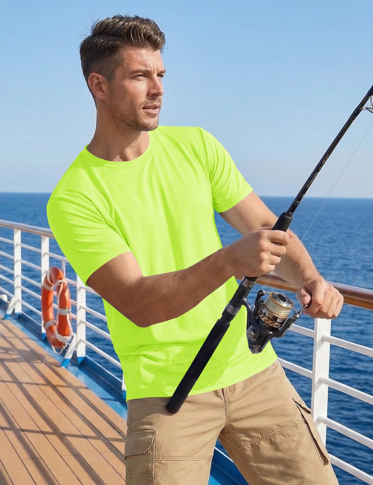 KEFITEVD Short Sleeve Fishing Shirts for Men UPF 50+ Sun Protection Shirts Swim UV Athletic Workout T-Shirts Breathable Shirts Fluorescent Green