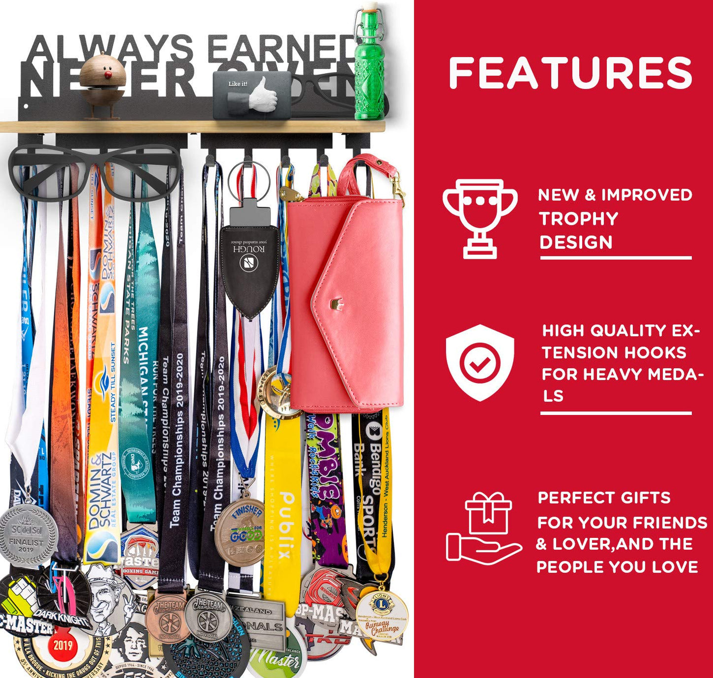 iBobbish Premium Medal Hanger Display Trophy Shelf,ALWAYS EARNED NEVER GIVEN Trophy display shelf Upgraded Medal Display Shelf for Wrest,gymanstics,Race,Soccer..