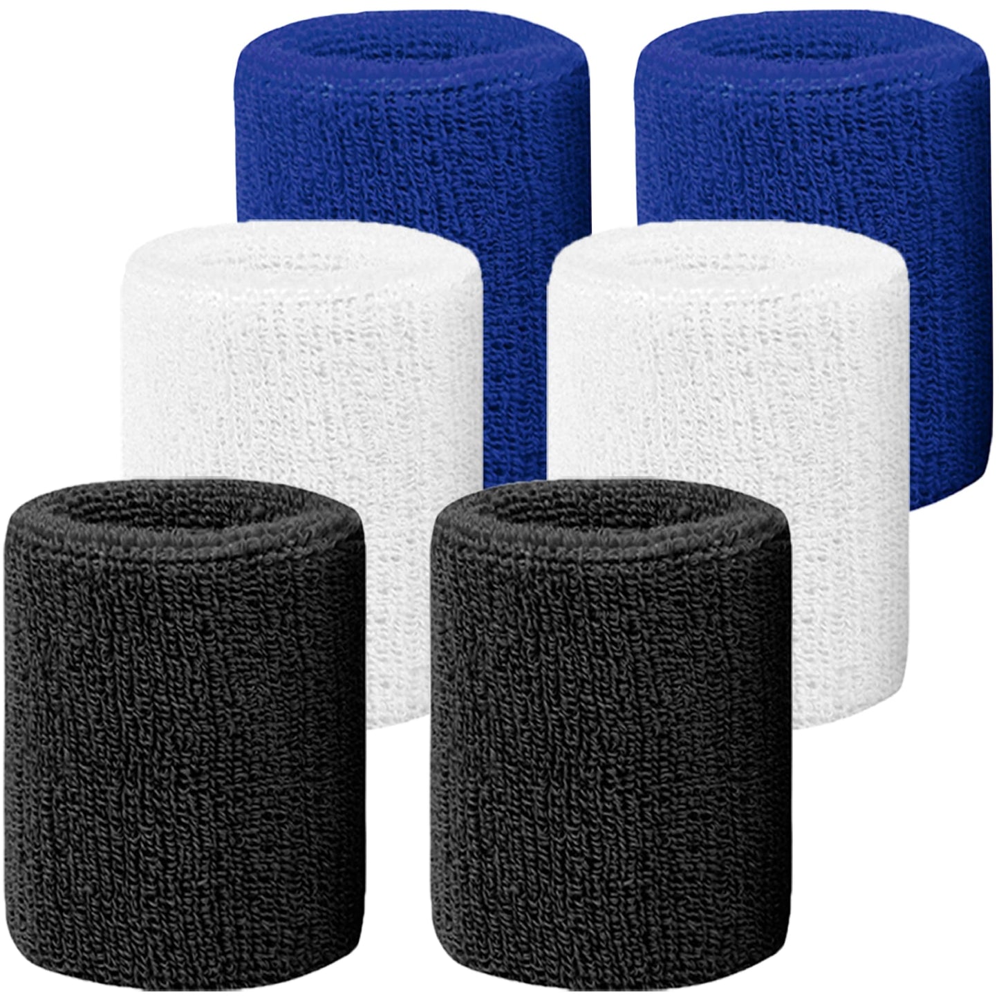 IMAGERIO 6 Pack 4 Inch Wrist Sweatbands Tennis Wrist Bands Absorbent Sweat Band for Men and Women, Breathable Cotton Sweatbands for Working Out, Basketball, Running Athletic Sports -Blue/Black/White