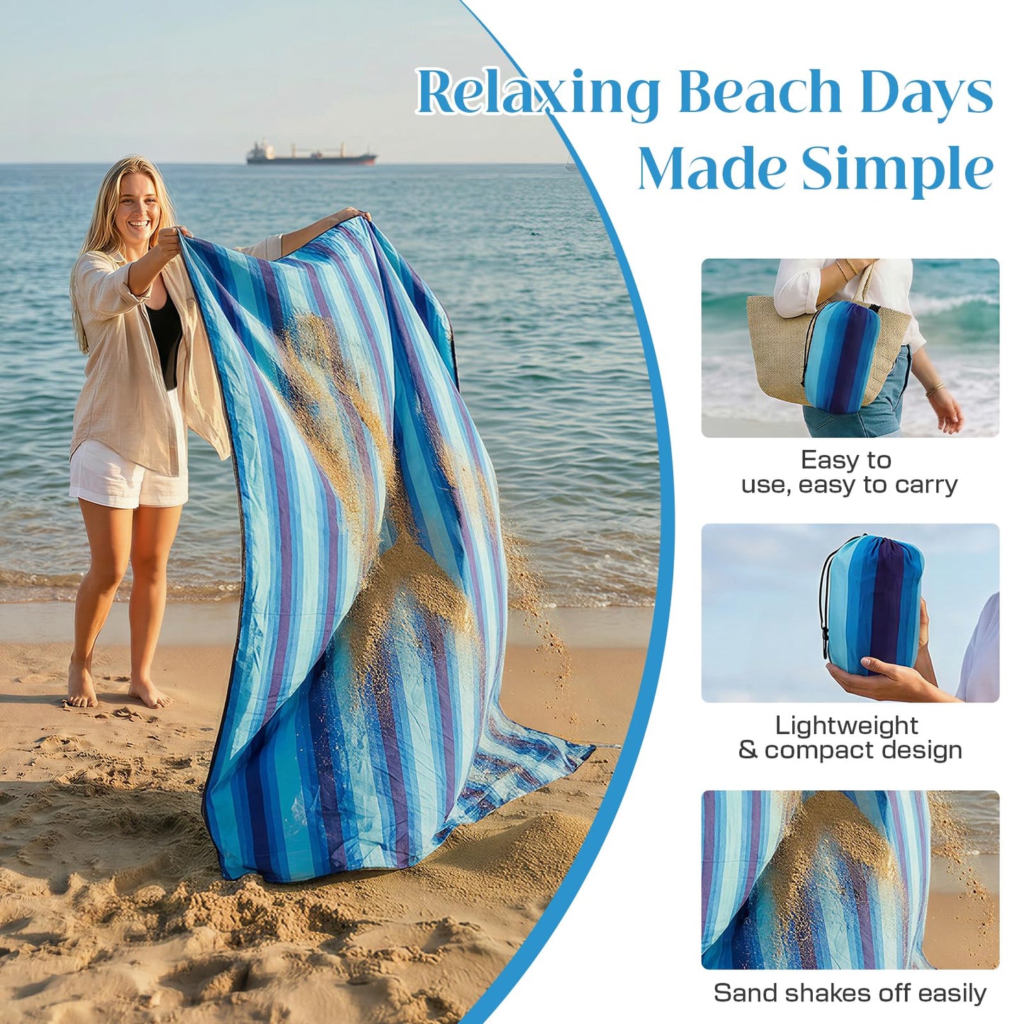 Beach Blanket Waterproof Sandproof - Oversized Extra Large Beach Mat for 3-4 People, Lightweight Sand Free Mat for Summer Vacation with 6 Stakes & 4 Corner Pockets for Beach, Camping 7x7ft Blue Stripe