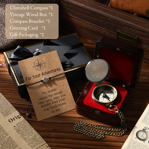 Relaxweex Compass Gift Set Engraved Compass with Chain Souvenir Present Bracelet with Greeting Card Walnut Wooden Box Gift Box for Women Men Friends Party Souvenir Favors(Adventure)