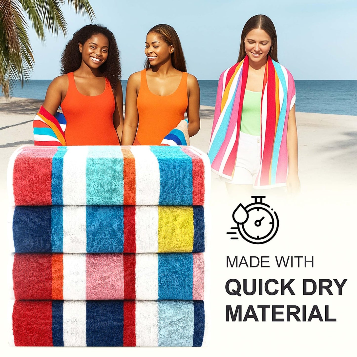 Casa Copenhagen Bora Bora Towels 4Pcs Yellow, Teal, Pink, Red Designer Stripe Beach Towels Gift Set, 30"x 60" Oversized 100% Cotton Pool Towels, Bath Towels for Beach (Summer Gift Set For Women & Men)