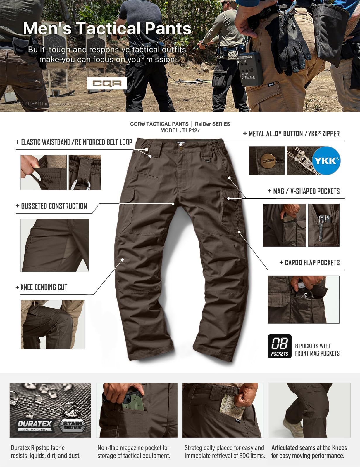 CQR Men's Tactical Pants, Water Resistant Ripstop Cargo Pants, Lightweight EDC Work Hiking Pants, Outdoor Apparel, Raider Mag Pocket Dark Brown, 38W x 32L