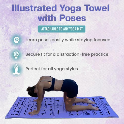 Yoga Towel Non Slip – Light Purple, Illustrated Yoga Poses, Absorbent Microfiber for Hot Yoga, Extra Long Quick-Drying Mat Towel, Full Mat Coverage, Ideal for Bikram, Vinyasa (LIGHT PURPLE)
