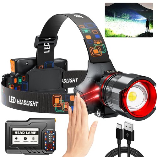 Rechargeable Headlamp 3000 High Lumens, Super Bright LED Head Lamp with Motion Sensor, 12 Modes, IPX7 Waterproof, 125° Adjustable, Zoomable Headlight for Adults, Camping, Cycling, Running