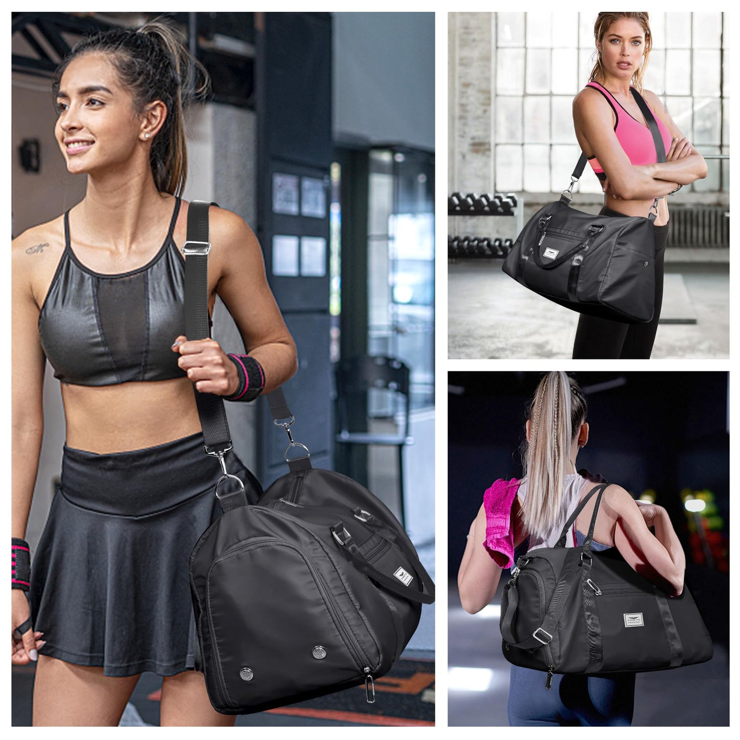 FIORETTO Womens Gym Tote Duffle Bag with Toiletry Bag, Sports Duffel Overnight Hospital Workout Carry on Bag for Girls with Wet Pocket & Shoe Compartment, Ideal for Travel, Swimming, Dance Black