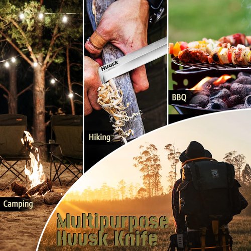 Huusk Japanese Fixed Blade Knife - Tanto Samurai Knife with Sheath - Full Tang Survival Knives with Wood Handle - Bushcraft knives for Outdoor Camping BBQ, Gifts for Men