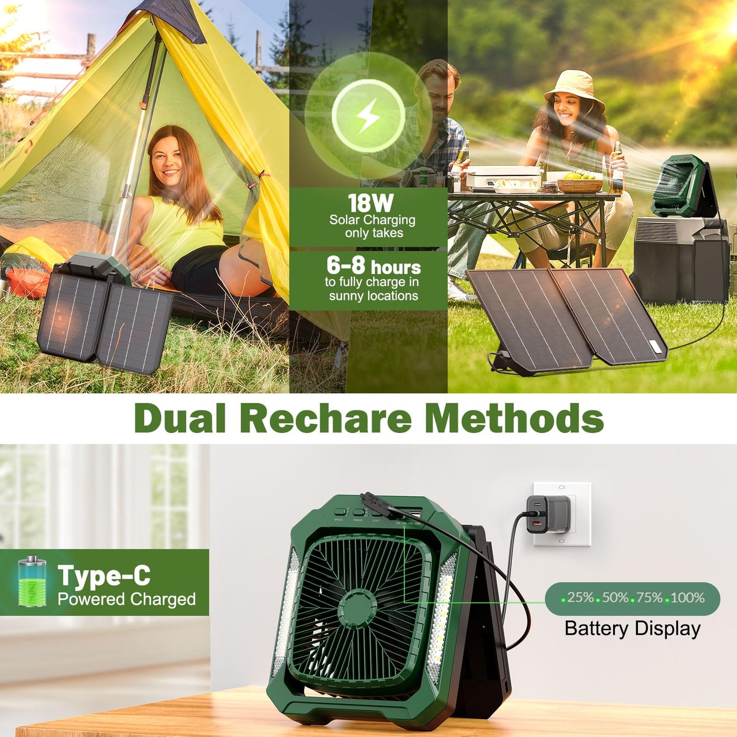 26800mAh Solar Battery Camping Fan, 3 Speeds Portable Fan with 18W Detachable Solar Panel, Rechargeable Desk Fan with LED Light & Timing Function, Outdoor Hurricane Tent Power Bank for Home Office