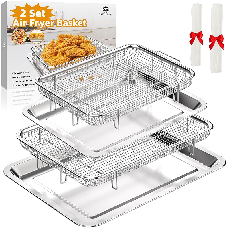 YEPATER 2-Piece Air Fryer Basket & Tray Set 15.7" x 11.6" & 12.8" x 9.6" with 60 Parchment Papers