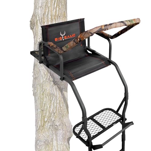 BIG GAME 1-Person Ladder Tree Stand for Hunting Deer, Flex-Tek Seat, 17' Tall, Black - Adjustable Climbing Treestand with Platform and Safety Harness for Shooting