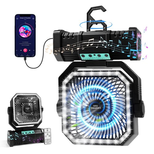 PIYOOPDR Camping Fan with Bluetooth Speaker Portable Fan,20000mAh Rechargeable Battery Powered Fans,Quiet 4-Speeds, 4-LED Light,360° Hanging Hook for Outdoor Picnic Tent Beach Travel Barbecue, Black