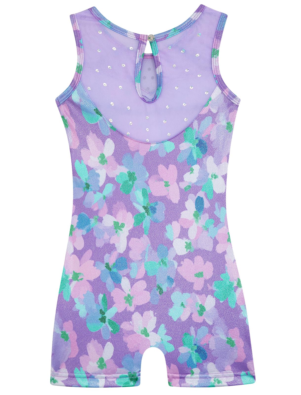 HOZIY Girls Leotards for Gymnastics 4t 5t Mesh Neckline with Iridescent Rhinestones Back Cut Out Sleeveless Purple Floral Biketard Shorts Tumbling Outfits Toddler Kids Sparkly Shiny