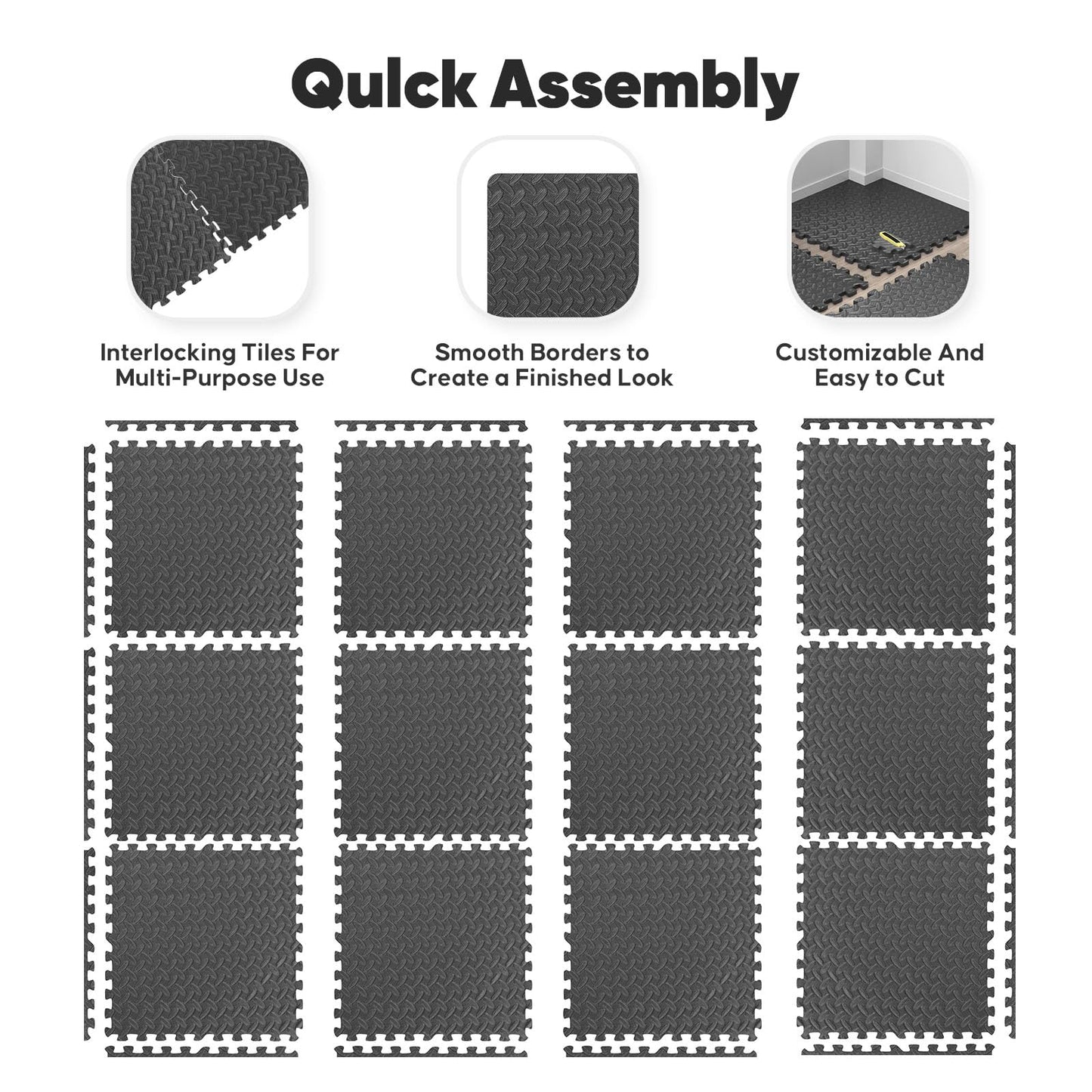 36 Pack Home Gym Mat, Puzzle Exercise Mat, EVA Interlocking Foam Floor Tiles for Home Workout Equipment and Kids' Play Areas - Blue, 24 in x 24 in x ½ in - (Black, 36 Pack (144 SQ FT))