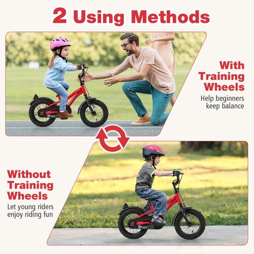BABY JOY Kids Bike, 12 14 16 18 Inches Sporty Bicycle with Training Wheels, Adjustable Seat, Handbrake & Coaster Brake, Reflectors, Girls Boys Bike for 3-8 Years Old Children (12", Red)