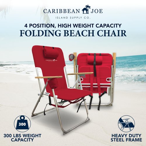 Caribbean Joe Folding Beach Chair, 4 Position Portable Backpack Foldable Camping Chair with Headrest, Cup Holder, and Wooden Armrests, Red, 33.5"D x 3"W x 25"H