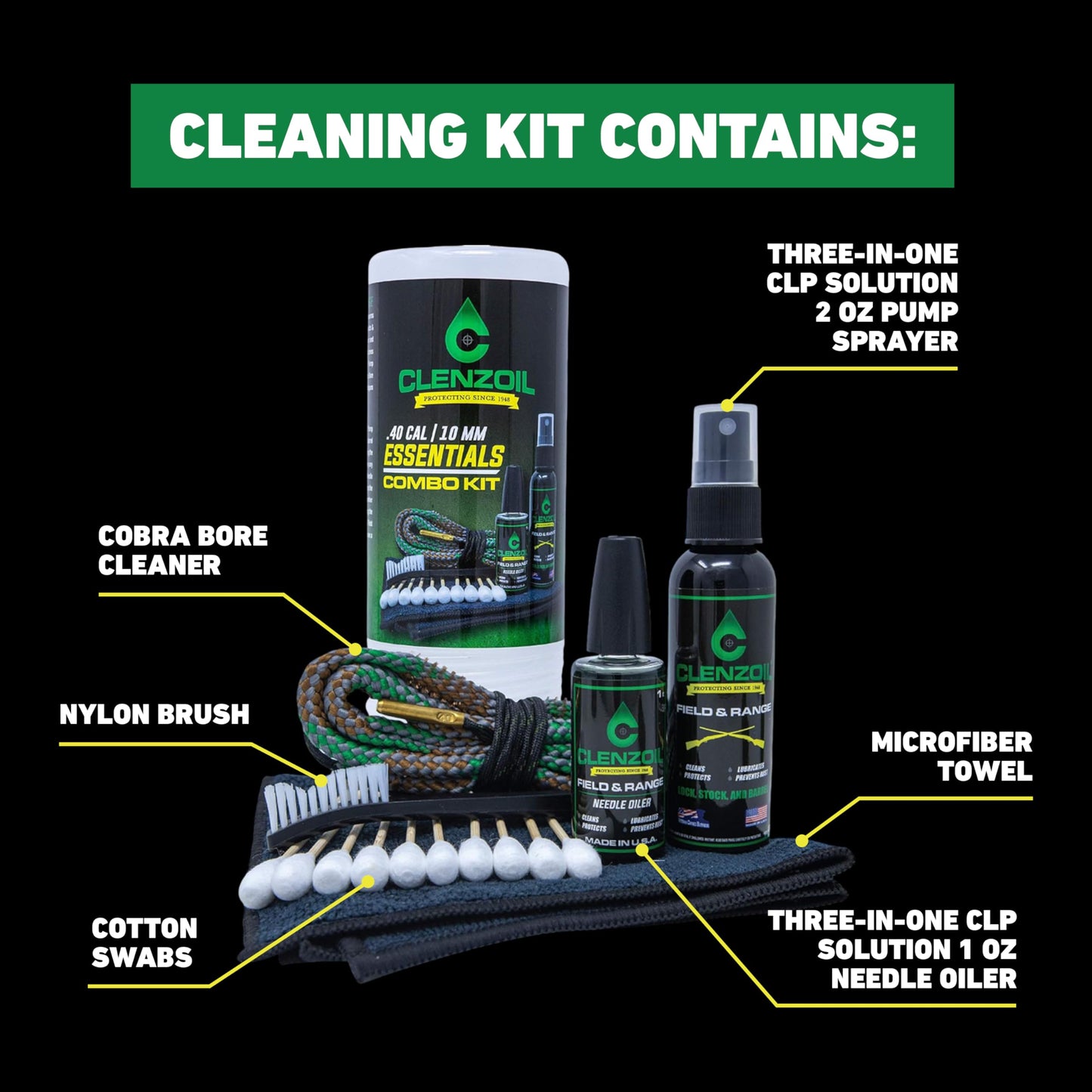 CLENZOIL Field & Range Pistol & Rifle Essentials Gun Cleaning Kit | CLP Spray & Oiler with Bore Cleaner | Clean, Lubricate & Protect | Nylon Brush, Bore Swabs & Microfiber (40 Caliber | 10mm)