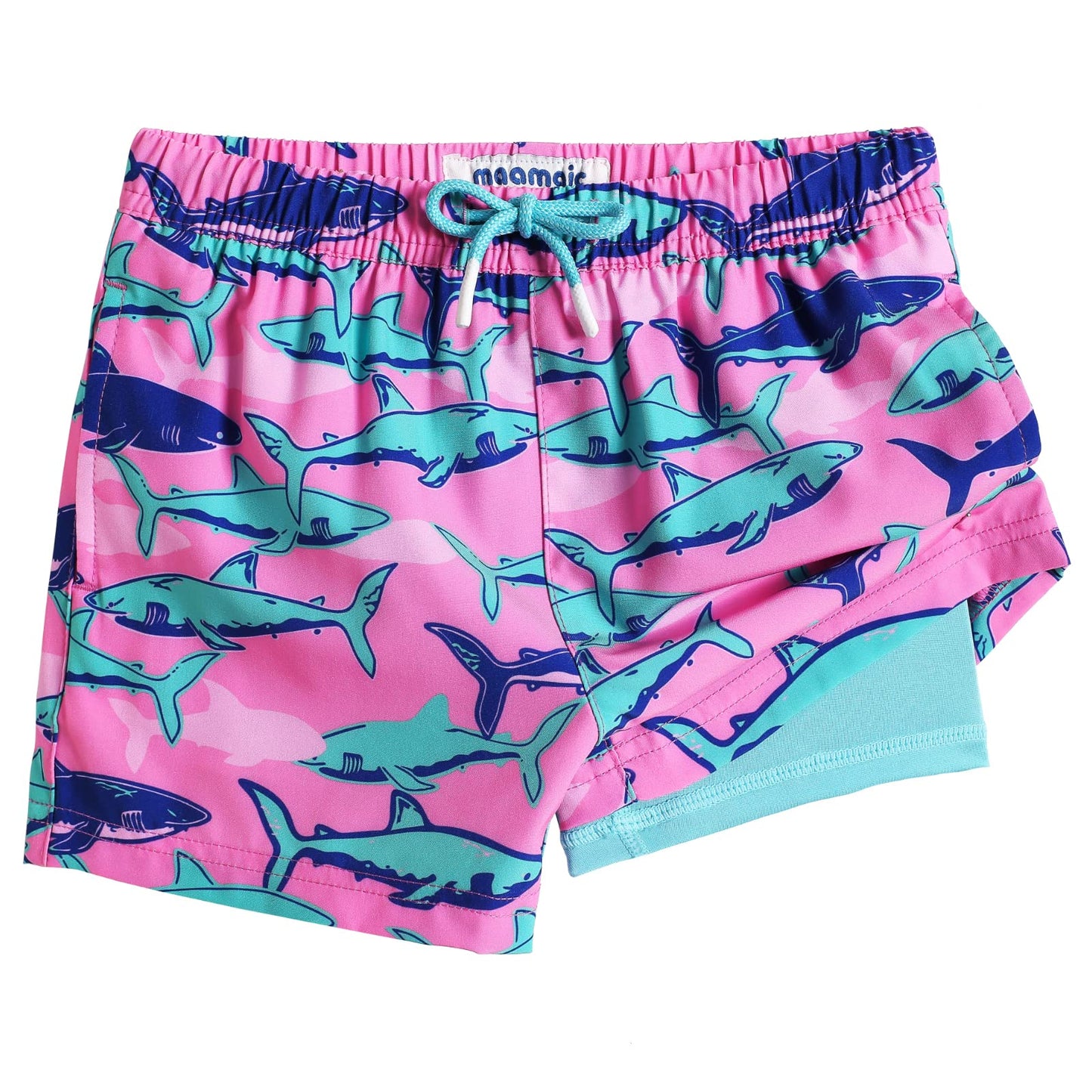 maamgic Boys Swim Trunks with Compression Liner Toddler Stretch Swim Shorts Quick Dry Swimming Trunks Boxer Brief 2 in 1 Beach Shorts Pink Blue Shark 14/16