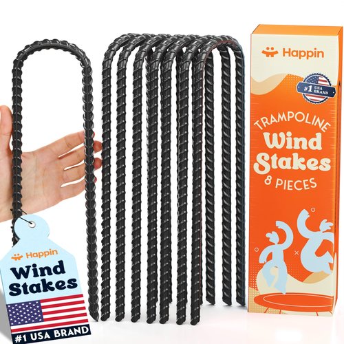 Happin® Ultra Strong Trampoline Stakes Anchors High Wind, Ground Anchors Heavy Duty, Trampoline Tie Down Anchor Kit, Ground Stakes Galvanized Steel, Trampoline Accessories, U Shaped (8 Pack, Black)