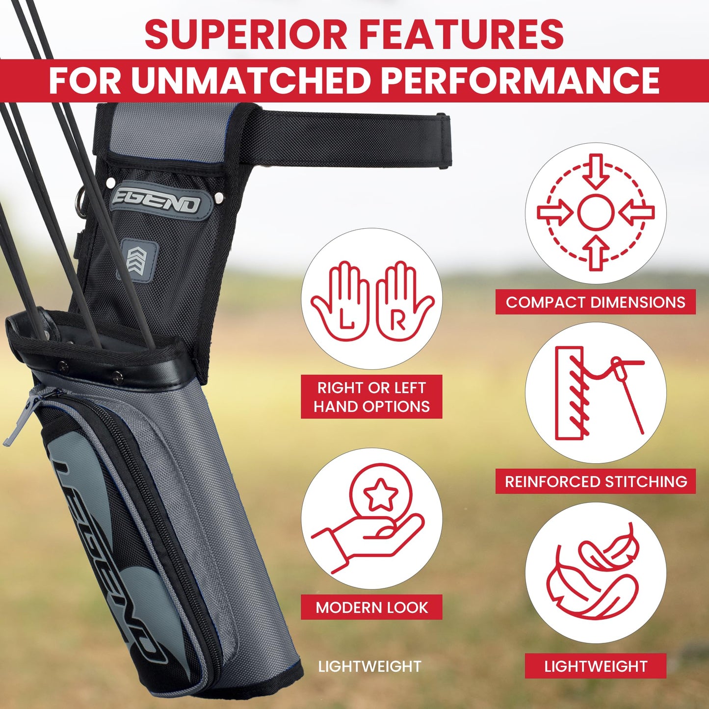 Legend XT420 Arrow Quiver - Quiver Arrow Holder, Archery Quiver with 3 Arrow Tube, Durable Nylon Hip Quivers with Multiple Pockets for Archery Accessories, Score Card & Tools - Right Handed, Grey