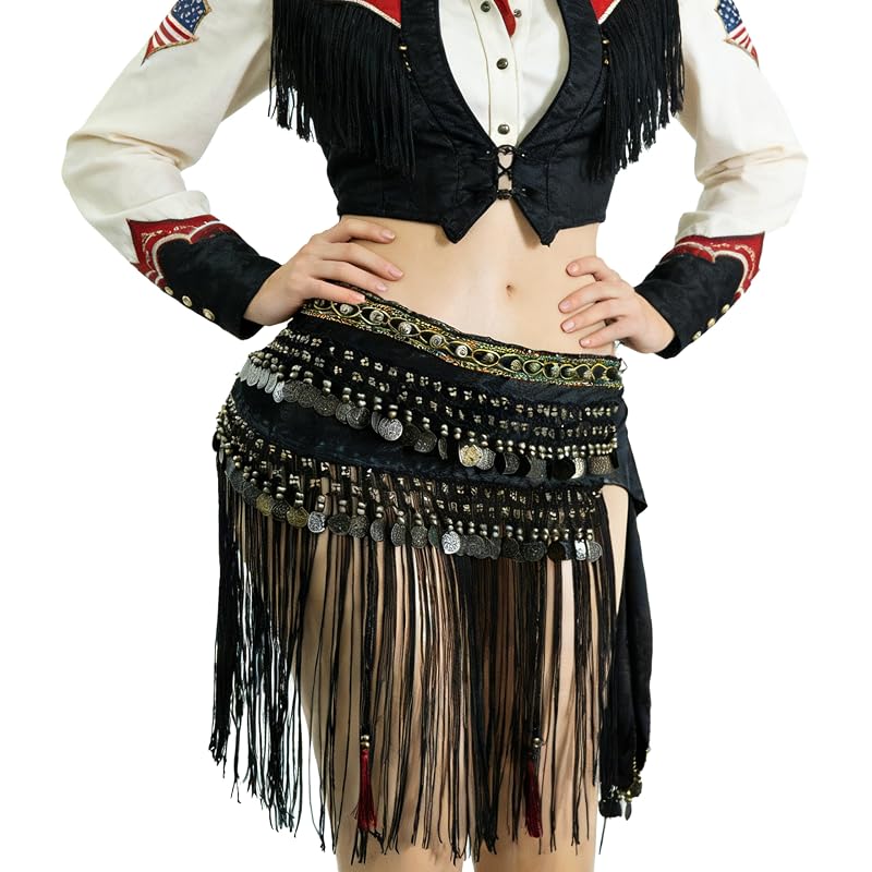 Black Large Velvet Belly Dance Tribe Belt Tassel Hip Scarves – Waist 66.93in