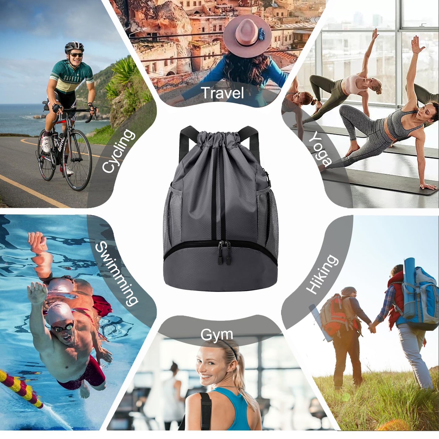 Hoedia Sports Drawstring Backpack - String Swim Gym Bag with Shoes Compartment and Wet Proof Pocket for Women and Men, Dark Grey