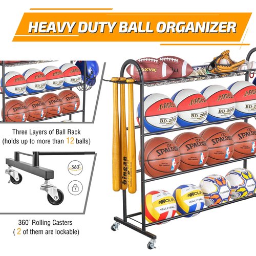 PLKOW Basketball Rack, Rolling Ball Storage with Baseball Bat Holder and Hooks, Sports Equipment Storage with Wheels for Volleyball, Football and Basketball Accessories, Powder Coated Steel