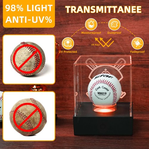 Baseball Display Case with LED Light Baseball Holder Display Case with Engravings, Light Up Baseball Case for Display, UV Protected Clear Acrylic Stand Box for Memorabilia, Softball Golf Baseball Case