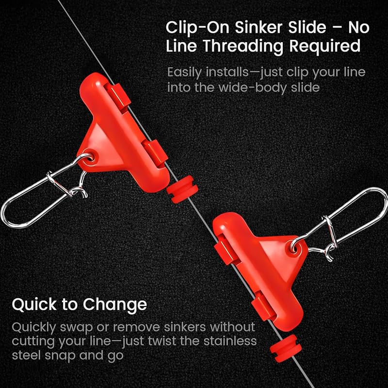 Vipfish Sinker Slides with Weight Bumpers - No-Twist Clip-On Sinker Slider for Easy Weight Change (Green, 36+36 pcs) Catfish Carolina Rig