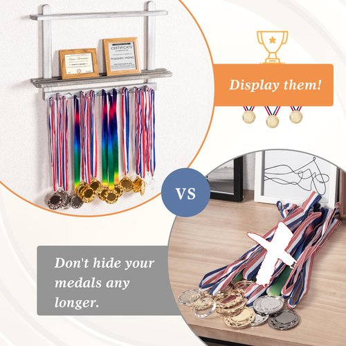 Lavievert Wooden Medal Hanger & Trophy Shelf, Wall-Mounted Race Medal Display with 2 Tier Storage Shelf, Medal Holder Trophy Rack with 19 Hanging Bars - White