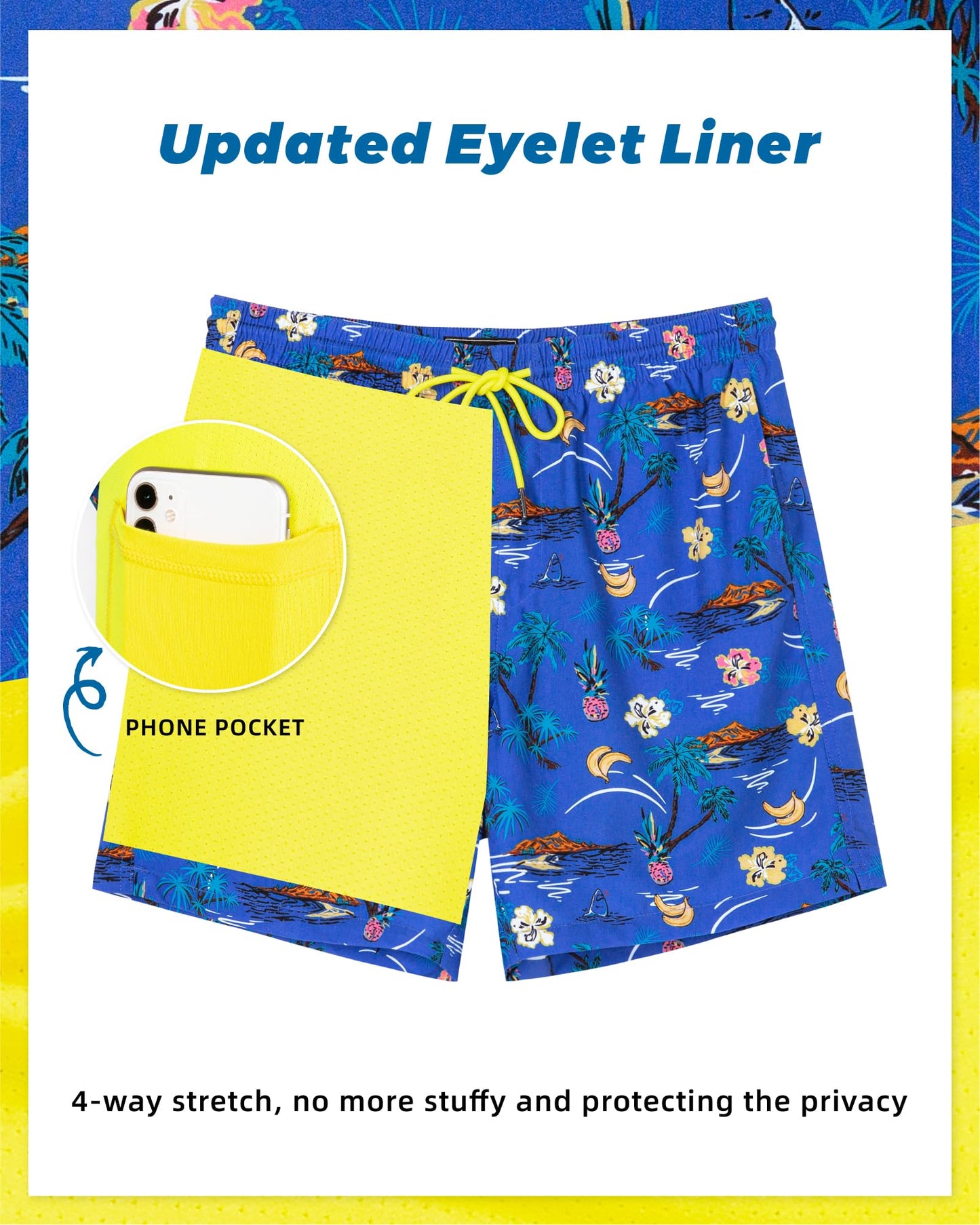 SURF CUZ Mens Swim Trunks with Compression Liner Quick Dry Swim Shorts 7" Swimming Trunks Stretch Zipper Pockets,Summer Hawaii,XXL