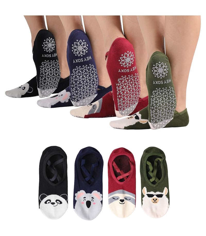 Non-Slip Sock Set for Yoga Barre Pilates - 4 Pairs, One Size, Animal Dark