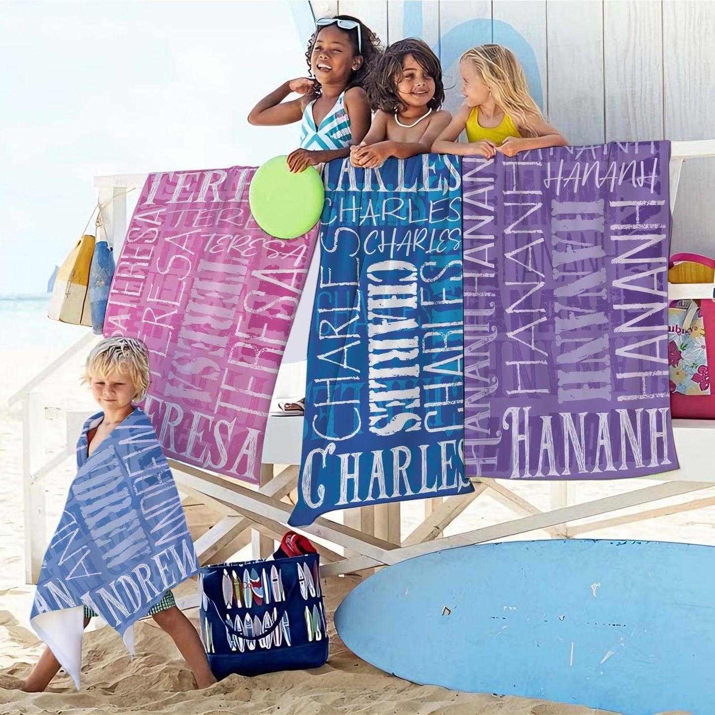 Yoke Style Personalized Beach Towels for Kids, Custom Sand Free Microfiber Beach Towel with Your Name, Customized Quick Dry Pool Towels Easter Gifts for Girls Boys Toddler
