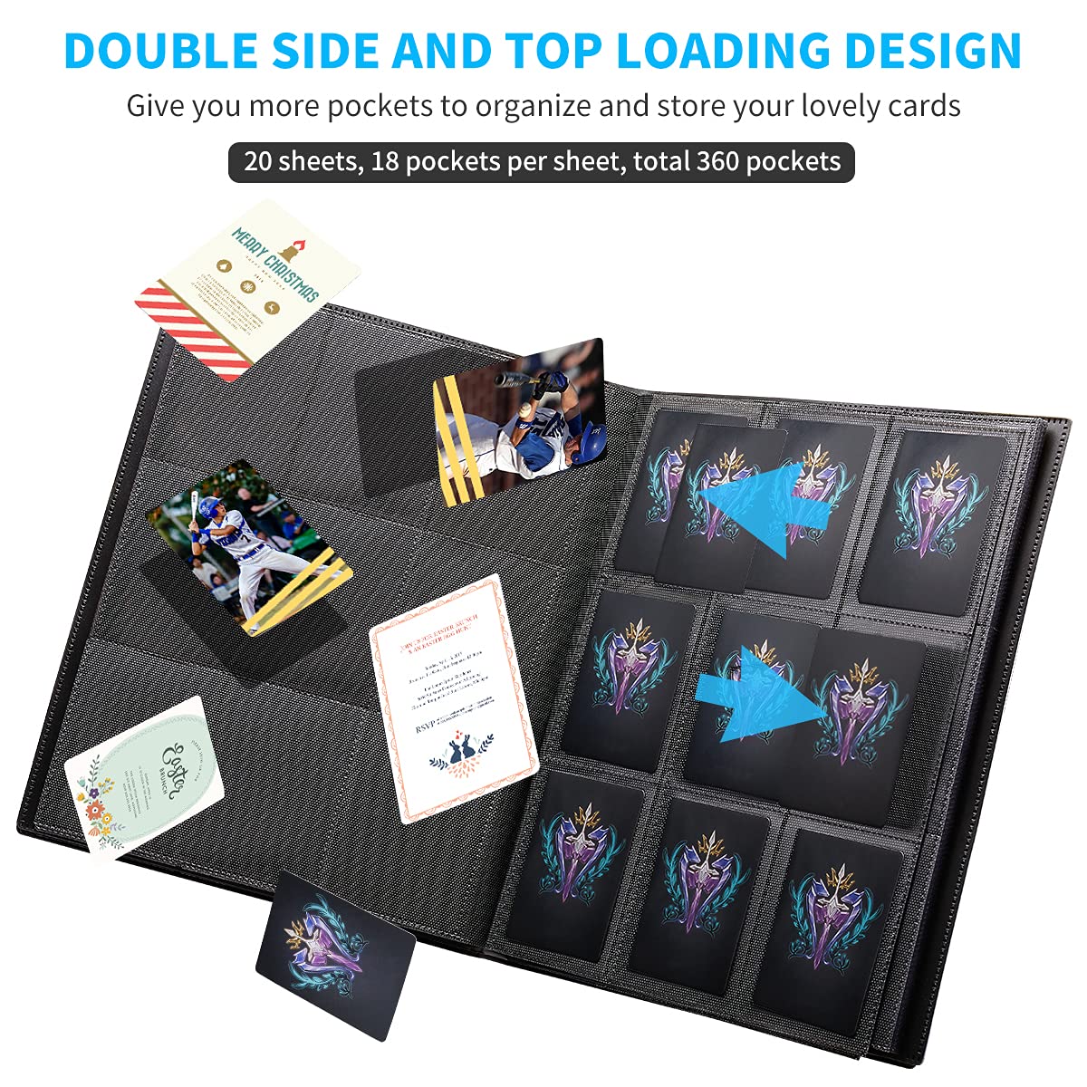 JIQEZNL Card Binder, 360 Pockets Upgraded Trading Card Binders, Cards Collection Binder 9 Pocket, Side Loading Yugioh Binder Book Holder for MTG, TCG, Sport, Football, Baseball Collector Cards - Black