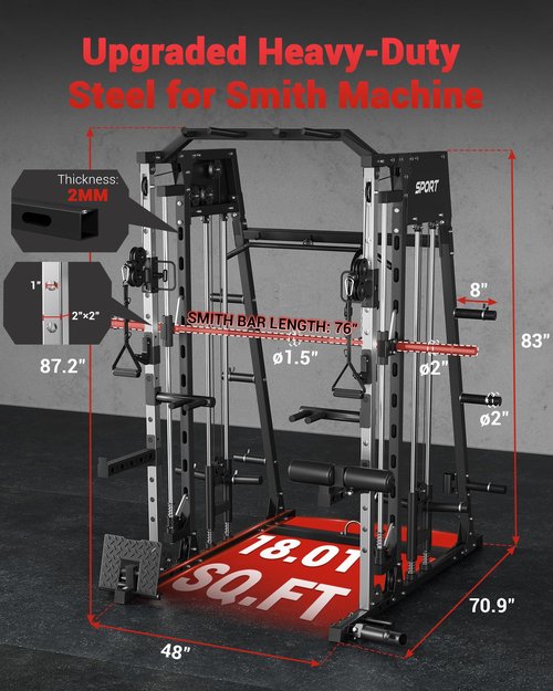 GarveeLife Smith Machine Home Gym All in One, 2200LBS Squat Rack Power Cage with Smith Bar, LAT Pull-Down, Cable Systems, Leg Hold-Down and More Attachments, Workout Equipment (Black)