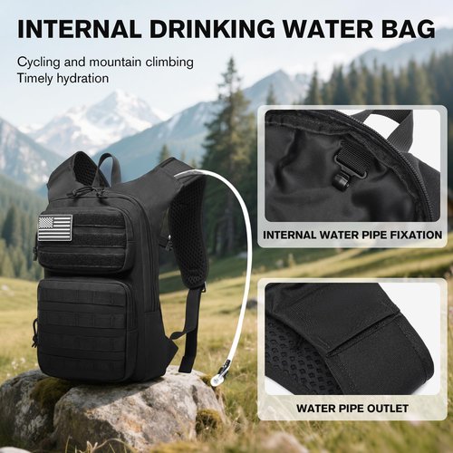 wotony Hydration Backpack with Water Bladder for Hiking Tactical Hydration Pack for Men Women Molle Water Backpack for Hiking (Black, 2L-Bladder)