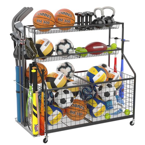 Gadroad Sports Equipment Organizer, Ball Rack, Gear & Ball Storage - Garage Organizer with Baskets, Hooks & Rolling Cart - Black
