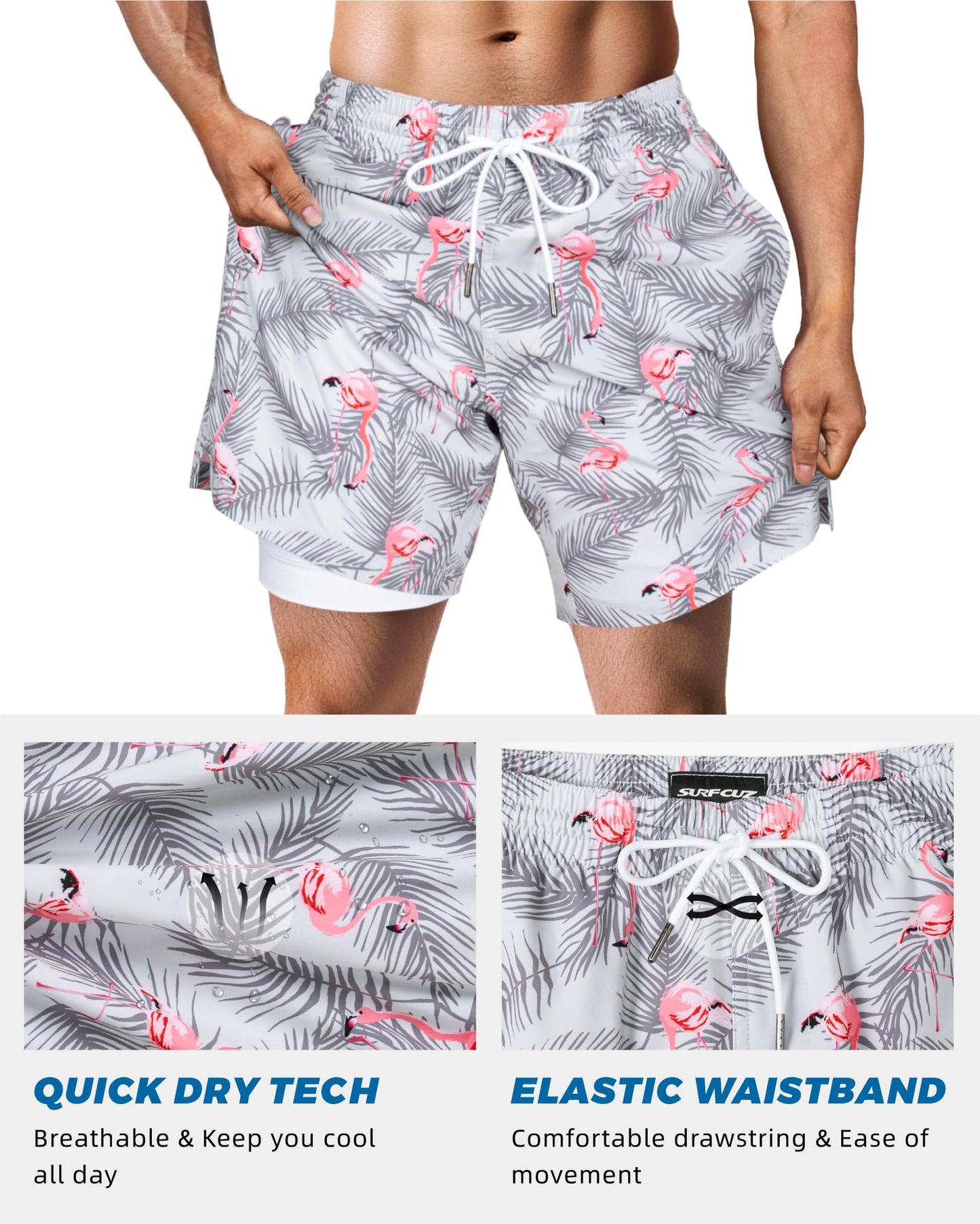 SURF CUZ Mens Swim Trunks with Compression Liner Quick Dry Swim Shorts 7" Swimming Trunks Stretch Zipper Pockets Grey Flamingo XS