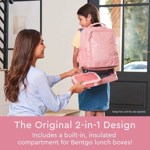 Bentgo Kids 2-in-1 Backpack & Insulated Lunch Bag - Glitter Designed 16” Backpack for School & Travel - Durable, Water Resistant, Padded, & Large Compartments (Glitter Edition - Petal Pink)