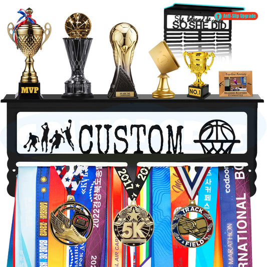 Goutoports Personalized Medal Hanger Display Rack for Awards and Trophies - Custom Metal Holder for Your Multiple Sports Race Medals - Easy to Install Basketball Medal Display Holder Ribbons Hanger