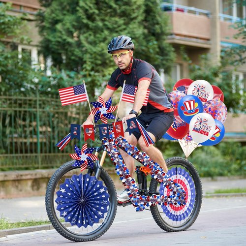 4th of July Bike Decorations Patriotic Bike Decor Set I LOVE USA Sign Banner, Hanging Paper Fans, Tinsel Garland, Streamers, Flags, Balloon for Independence Day Kids Bike Parade Party Favor