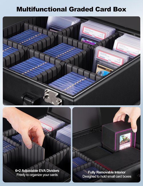 banloga Graded Card Storage Box for PSA with TSA Lock, Aluminum Alloy Trading Card Case with Display Window, Slab Case with 8 Removable Dividers for CGS, BGS, Toploaders and Sports Cards (Black)