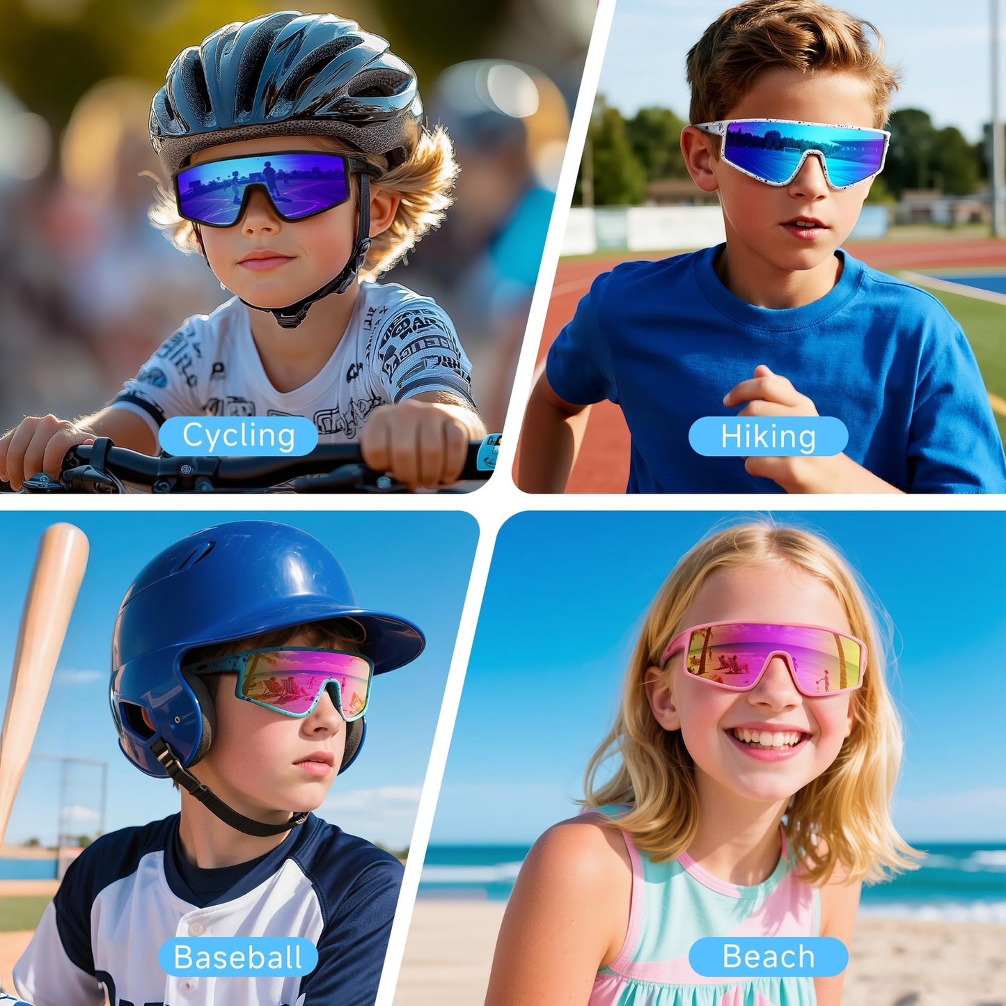 Kegrimi 3 Pack Kids Sunglasses Youth Baseball Polarized Sun Glasses Sports Cycling Running for Boys Girls UV Protection(Black+Red/Black+grey/Blue+green)