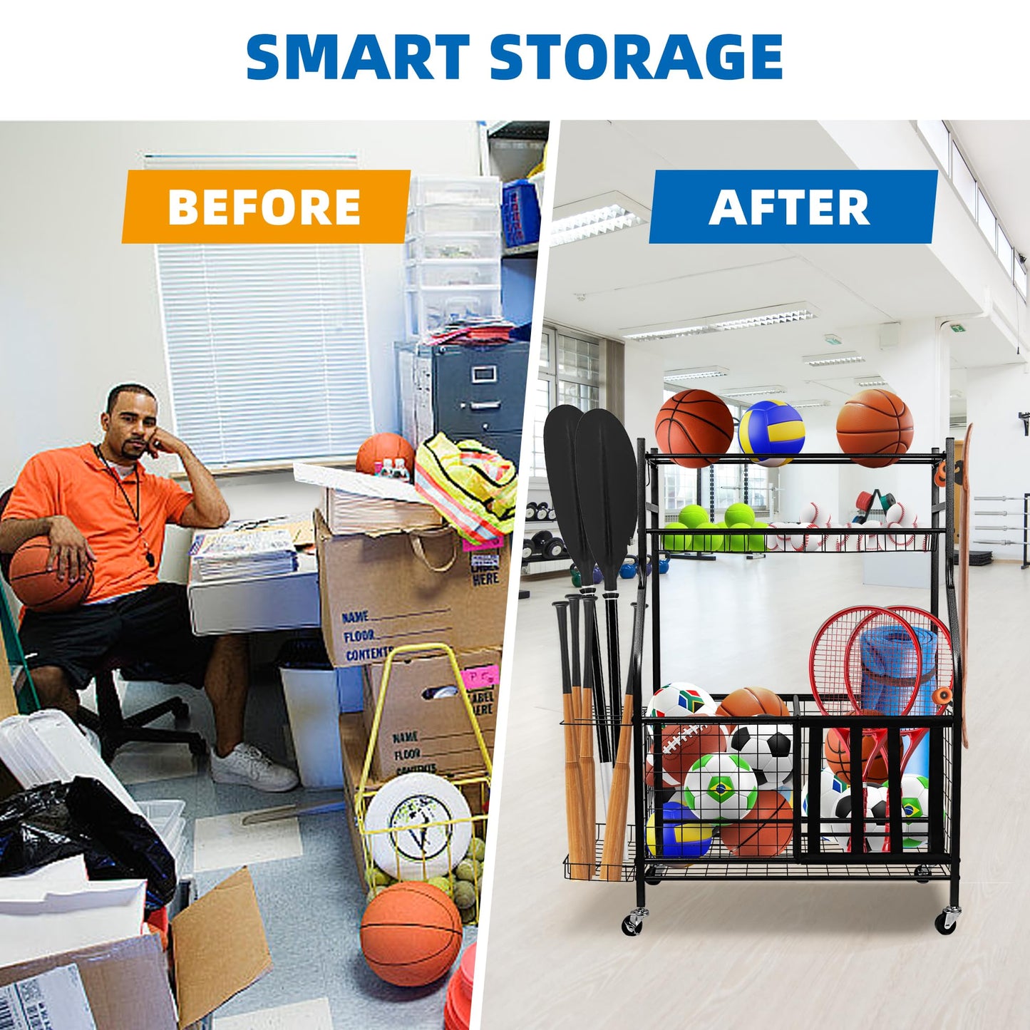 YOUNITA Garage Sports Equipment Organizer, Ball Storage Rack,Garage golf Organizer with Basket and Hooks,Rolling Sports Ball Storage Cart for Toy Gear Storage (45.71 inch)