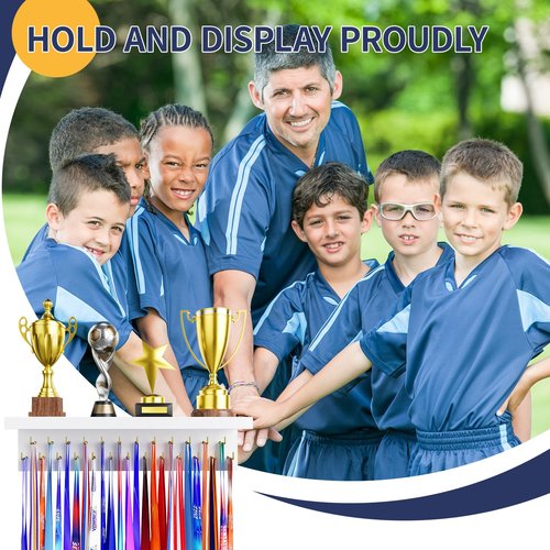 DSVENROLY Medal Holder Display Trophy Shelf Organizer, Sturdy Wooden Medal Hanger Rack with 25 Steel Hooks, Wall Mount Awards Race Storage Stand for Sports Fans, Cheer Success（White Golden Hooks）