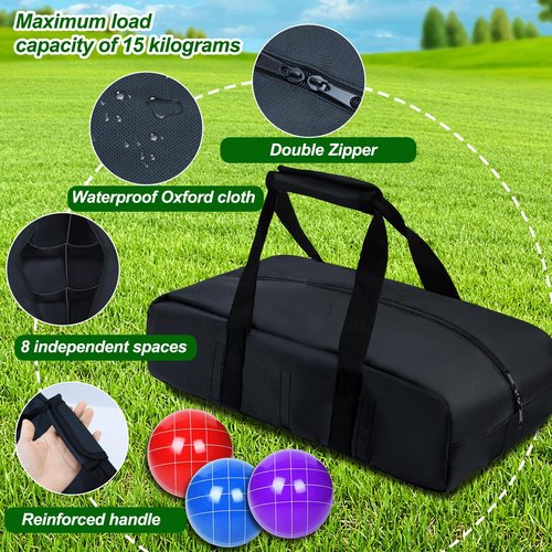 Upgraded Bocce Ball Carry Bag with 8 Compartments 17 * 9inch Heavy Duty Bocce Set Carry Bag Waterproof Oxford Cloth Portable Bocce Storage Organizer Case for Lawn Beach Yard Outdoor Game Set(Bag Only)