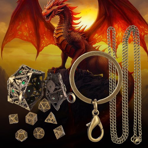 Mini DND Dice Set with Hollow D20 Metal Case Portable Keychain Necklace, Tiny 7pcs Polyhedral D&D Dice Set, DND Gifts with Gift Box, D&D Accessories for RPG（Green Diamond, Bronze）