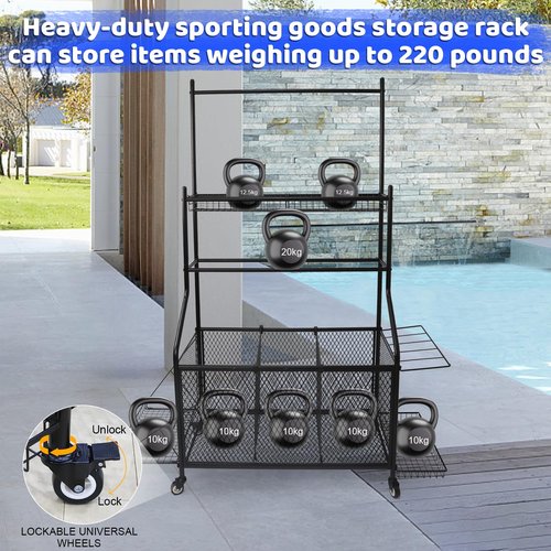 WATWEI Pool Equipment Organizer Storage Holder, Large Heavy-Duty Steel Rolling Storage Cart for Noodles, Toys, Balls, Floats Mesh, Towels, Ideal Swimming Equipments Storage Rack Indoor & Outdoor